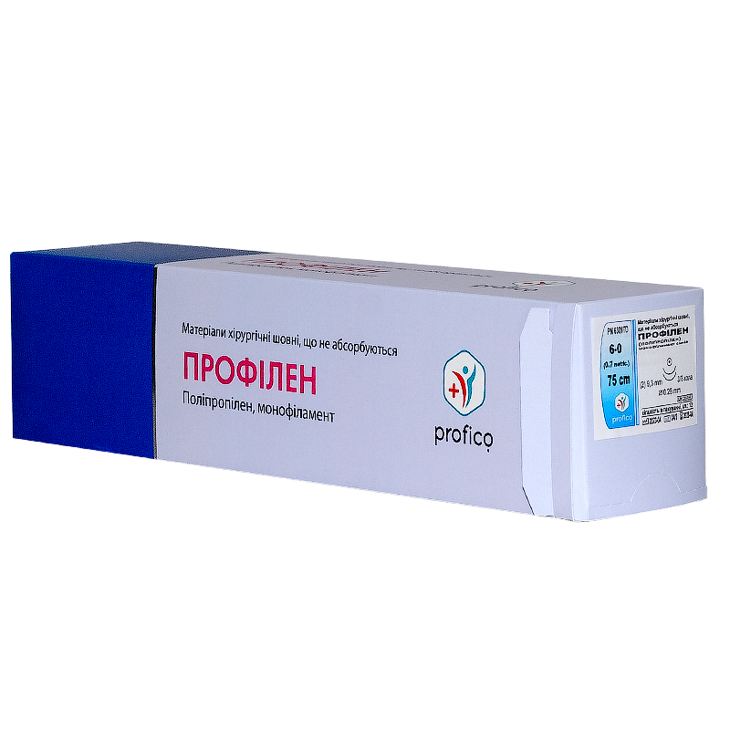 Профілен (Поліпропілен), синій, USP 6/0, 75 см; дві колючі голки 3/8 кола 9,3 мм